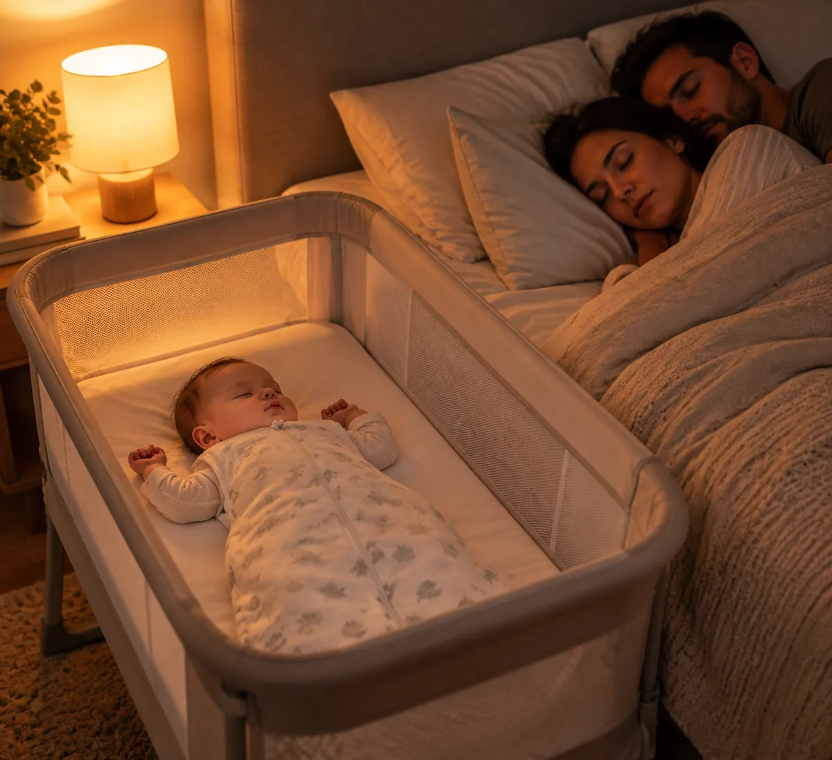 How long should baby sleep in your room — bassinet room-sharing setup next to parents' bed for safe sleep